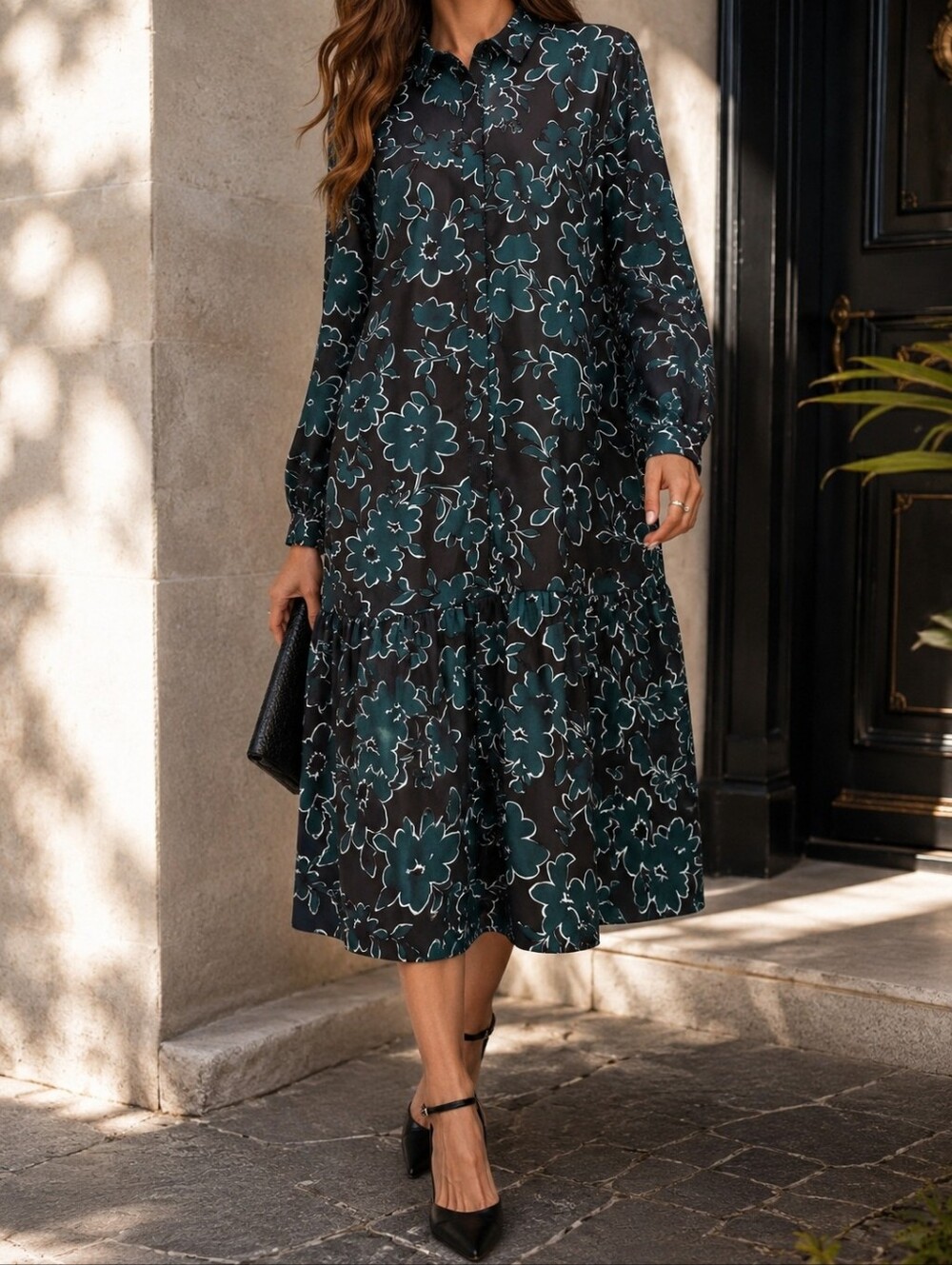 VILA Floral Tiered Midi Dress Size 42 Teal Botanical Button Front